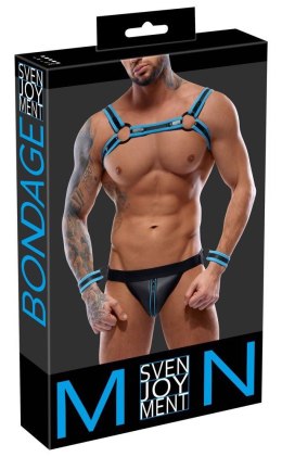 Męski zestaw Bondage: jockstrap, uprząż i kajdanki (czarno-niebieski, S)