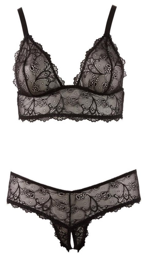 Czarny koronkowy komplet bielizny: biustonosz i stringi 3XL