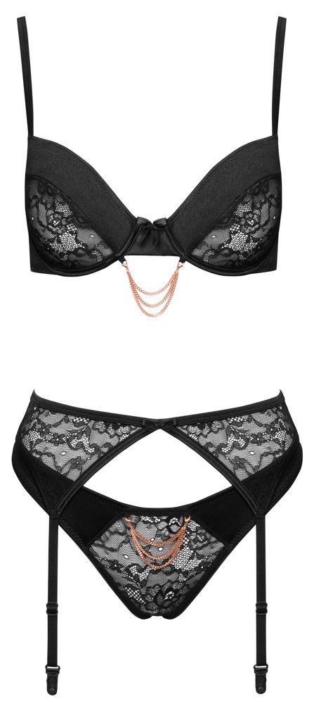 Elegancki Komplet Bielizny Chain – Biustonosz, Pas do Pończoch i Stringi, Rozmiar 75B/S