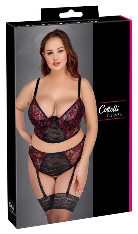 Zmysłowy Komplet Bielizny Cottelli CURVES - Biustonosz Longline i Stringi z Szelkami, Czarno-Czerwony, 95E/2XL