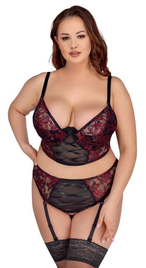 Zmysłowy Komplet Bielizny Cottelli CURVES - Biustonosz Longline i Stringi z Szelkami, Czarno-Czerwony, 95E/2XL