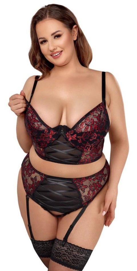 Zmysłowy Komplet Bielizny Cottelli CURVES - Biustonosz Longline i Stringi z Szelkami, Czarno-Czerwony, 95E/2XL