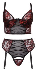 Zmysłowy Komplet Bielizny Cottelli CURVES - Biustonosz Longline i Stringi z Szelkami, Czarno-Czerwony, 95E/2XL