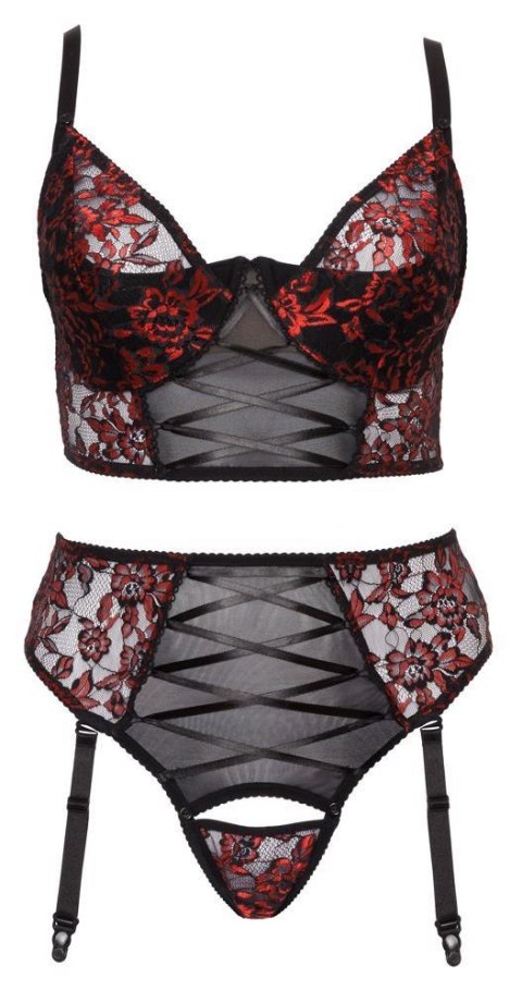 Zmysłowy Komplet Bielizny Cottelli CURVES - Biustonosz Longline i Stringi z Szelkami, Czarno-Czerwony, 95E/2XL