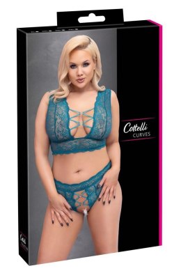Zmysłowy komplet bielizny Cottelli CURVES: braletka i stringi z otwartym krokiem, w odcieniu benzynowym, 4XL