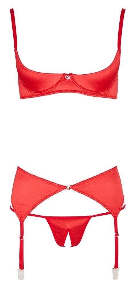 Czerwony komplet bielizny z biustonoszem typu shelf bra i otwartymi stringami