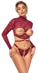 Czerwony koronkowy komplet: Otwarty top i stringi XL