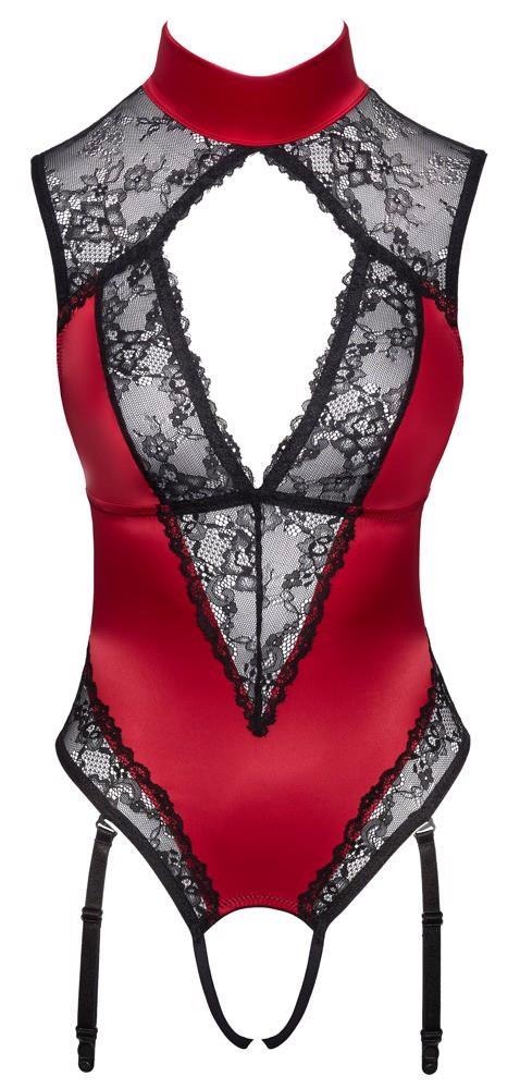 Zmysłowe body z satyny i koronki Cottelli LINGERIE (czerwono-czarne, L)