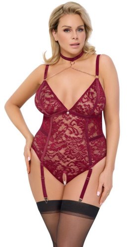 Zmysłowe body z otwartym krokiem i pasem do pończoch Cottelli CURVES, czerwone, 2XL