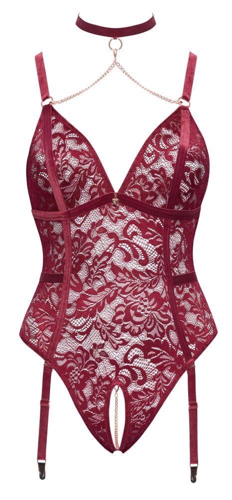 Czerwone Koronkowe Body z Otwartym Krokiem i Pasem do Pończoch Cottelli CURVES XL