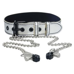 Elegancka Srebrna Obroża BDSM z Klipsami na Sutki