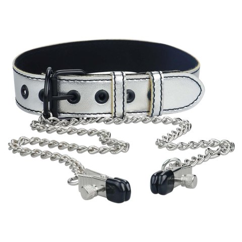Elegancka Srebrna Obroża BDSM z Klipsami na Sutki