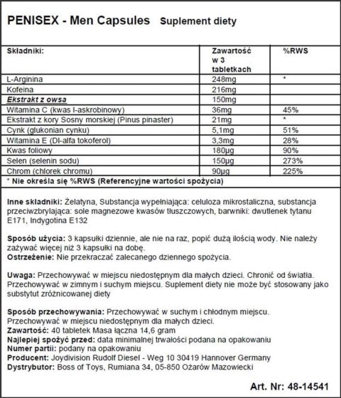Penisex – Kapsułki dla Mężczyzn Wspierające Potencję i Rozmiar, 40 sztuk